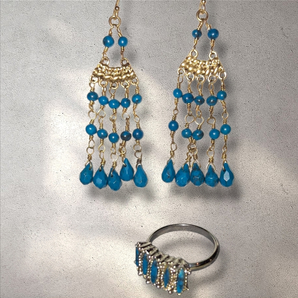 Ring & Earrings Silvertone Faux Turquoise Adjustable Ring Blue Silver